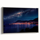 Framed canvas featuring a vintage-style landscape painting of Monaco with colorful art elements.