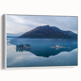 Vintage poster art of a European Montenegro scenery on a framed canvas, featuring colorful art against a black background.