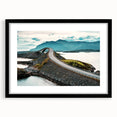 Abstract art print of a colorful Norwegian landscape in vibrant blues and greens on a large textured canvas.