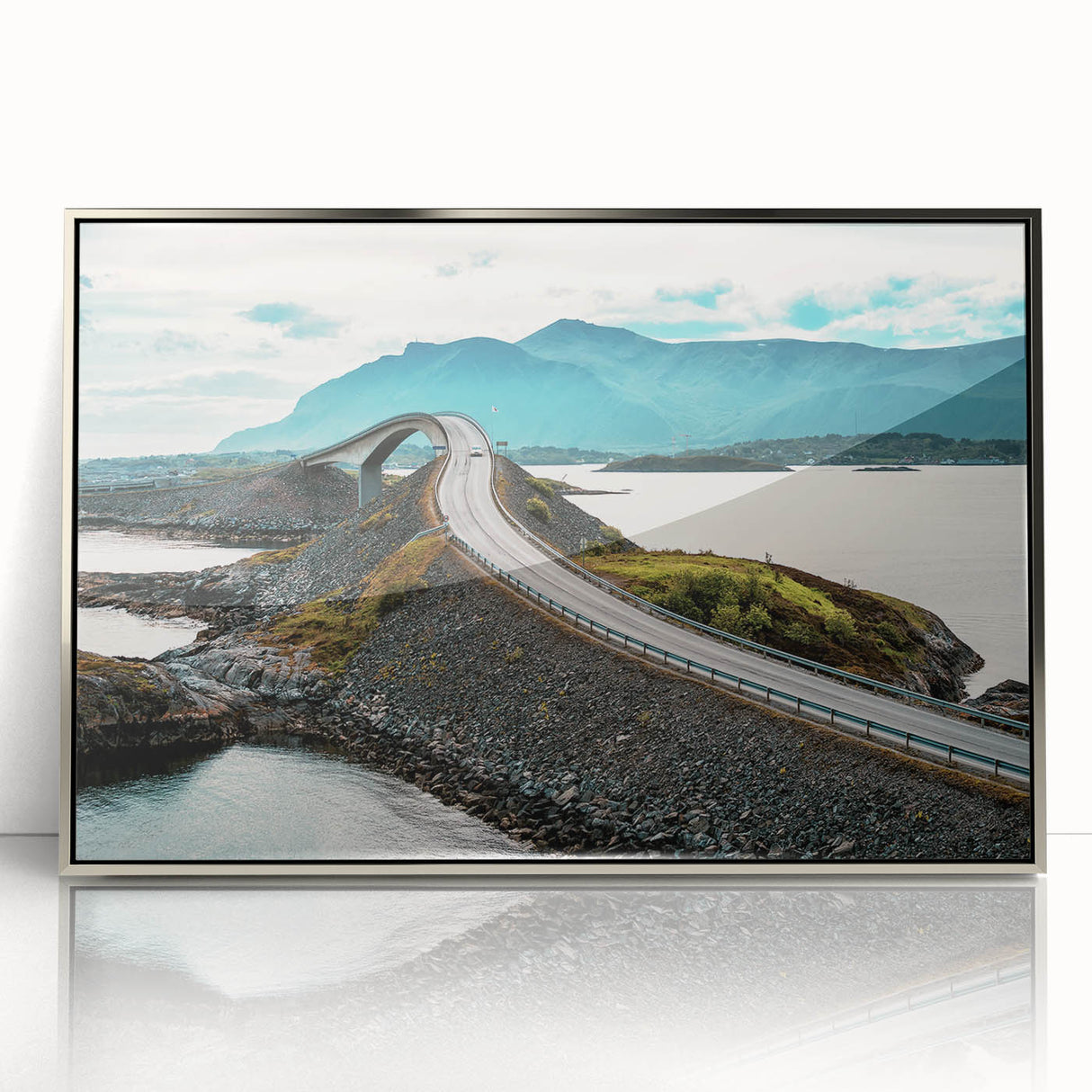 Framed acrylic print of a serene Norwegian landscape in muted earth tones, ideal for modern art wall decor.