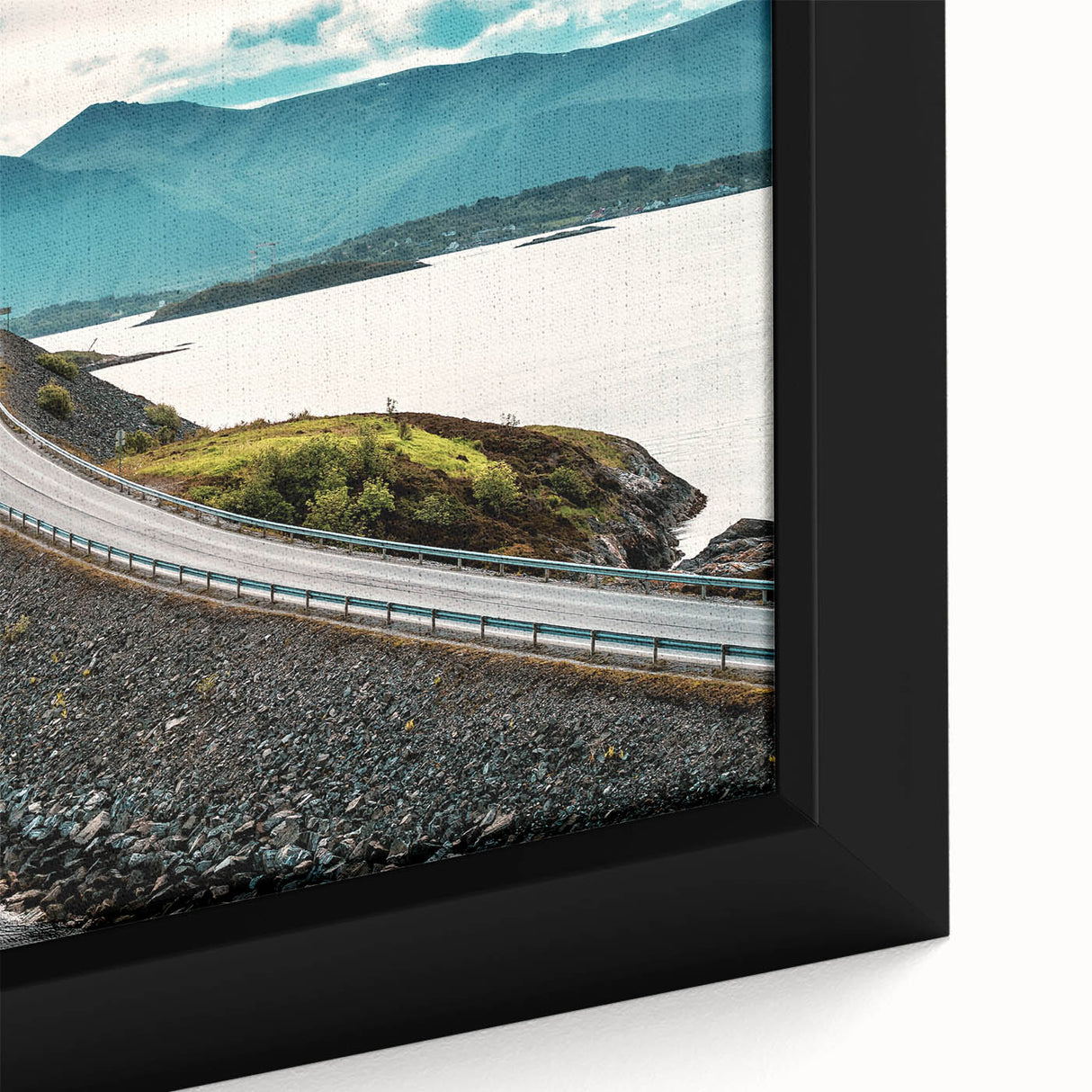 Black wall art featuring a textured, colorful Norwegian landscape on a framed canvas, ideal for living room decor.