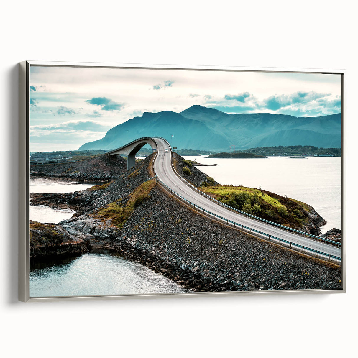Framed canvas landscape art painting of a Norwegian fjord with colorful art in a vintage poster style.