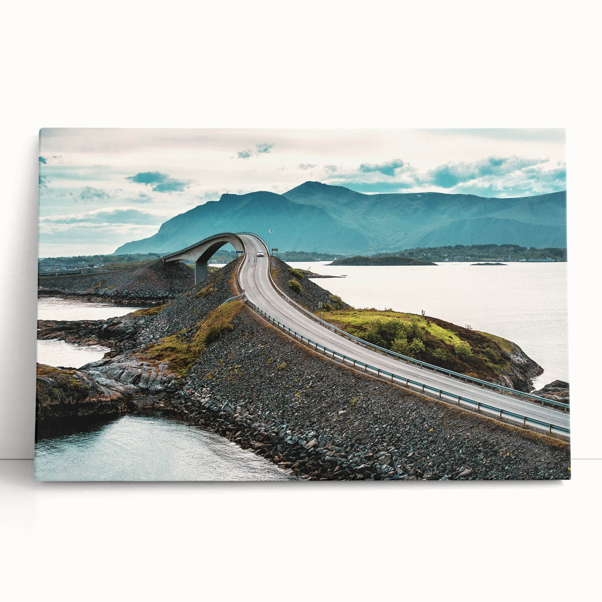 Black and white photograph of a Norwegian fjord on a large stretched canvas, ideal for kitchen wall art.