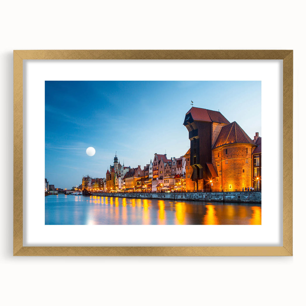 Abstract art print of a European scenery in muted gold and blue tones, framed with a golden mat, ideal for dining room decor.