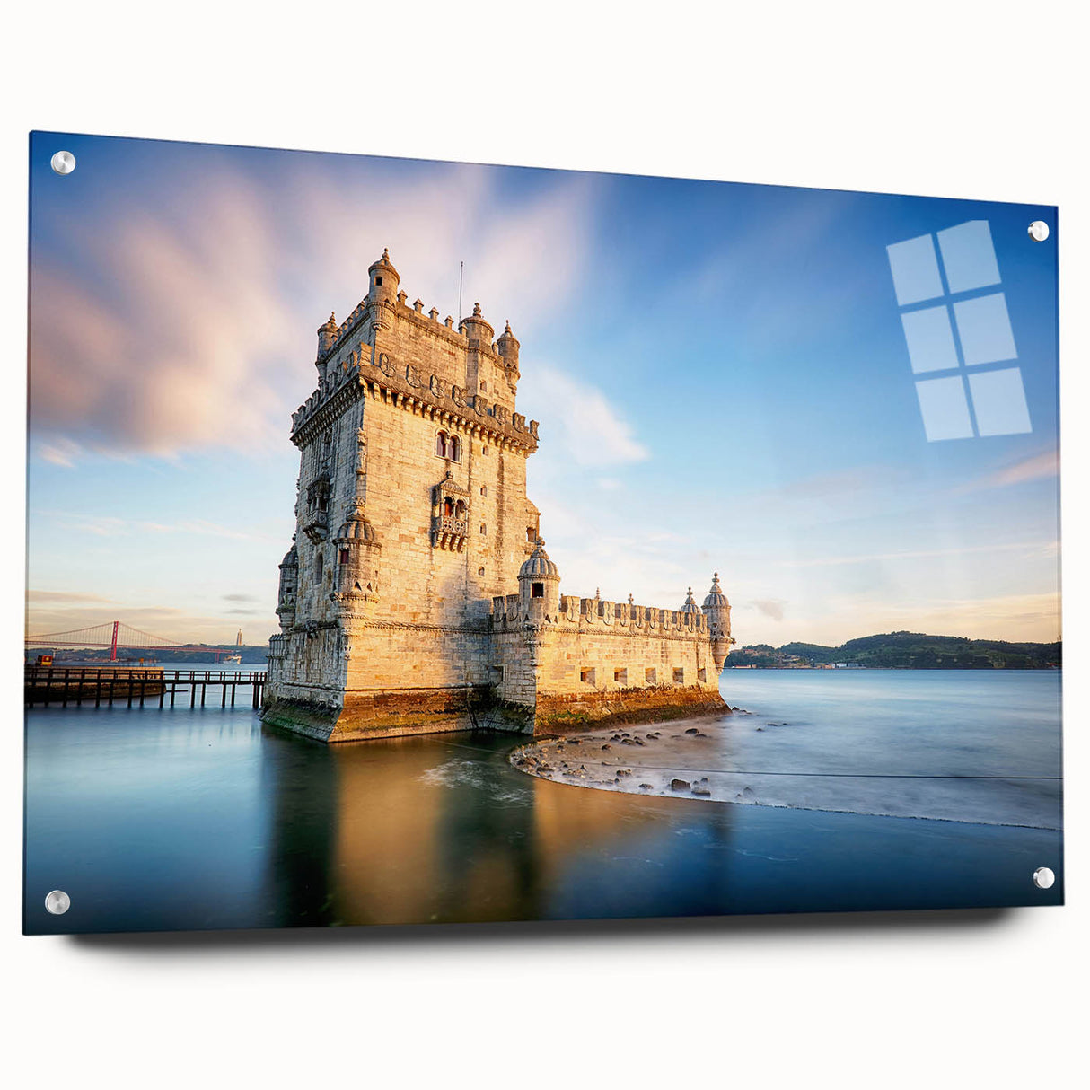 Acrylic print of Lisbon scenery featuring soft pastel shades, ideal for bedroom or dining room decor.