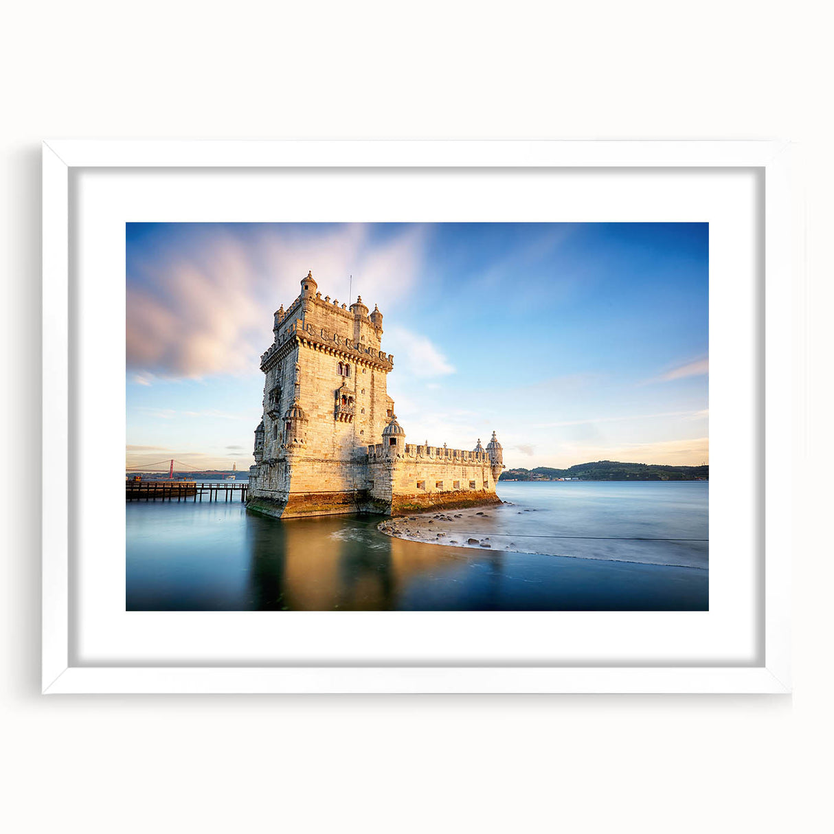 Textured abstract art print of Lisbon scenery in muted earth tones, framed with a white mat, ideal for bedroom art.