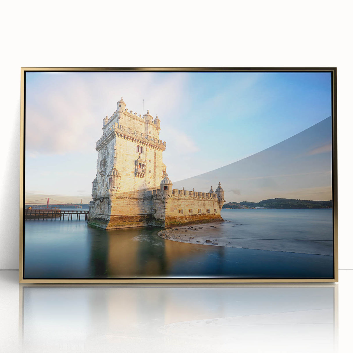 Framed acrylic print of Lisbon's cityscape in art deco style, featuring gold and teal tones.