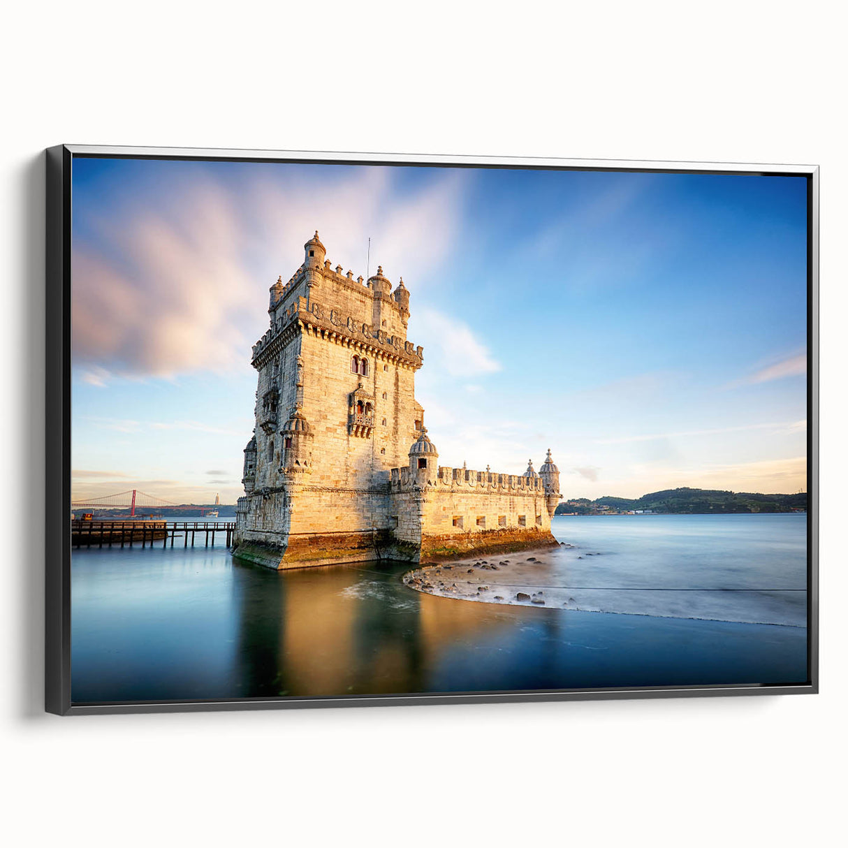 Black and white framed canvas of Lisbon landscape, featuring vintage poster art style, ideal for bedroom decor.