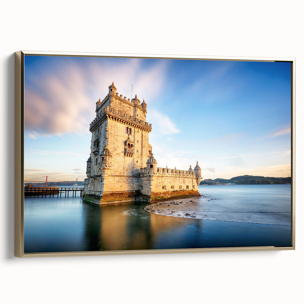 Framed canvas of Lisbon landscape in muted gold and black tones, suitable as wall art for bedroom.