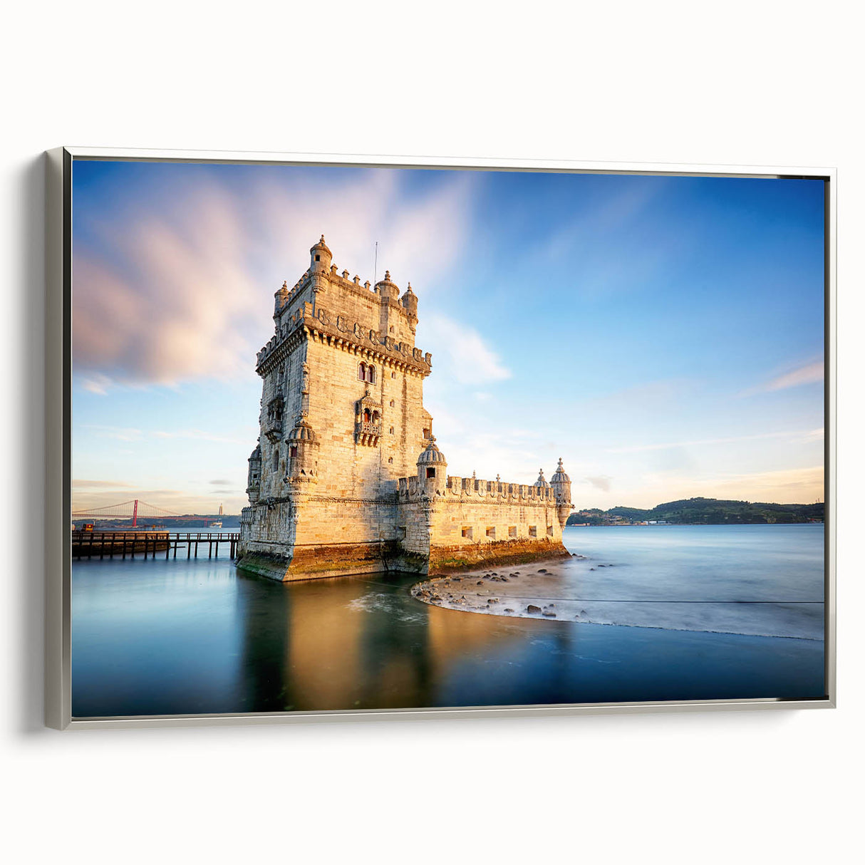 Framed canvas landscape art painting of Lisbon featuring a vintage poster style with colorful art on black background.