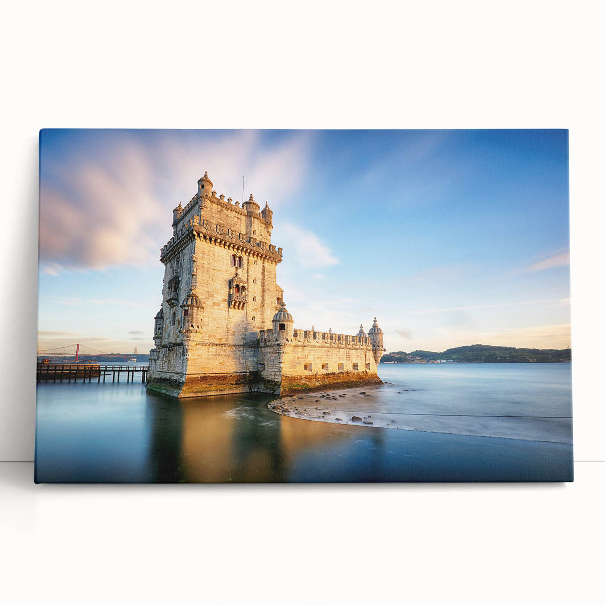Black and white stretched canvas of Lisbon's cityscape, ideal for kitchen wall art.