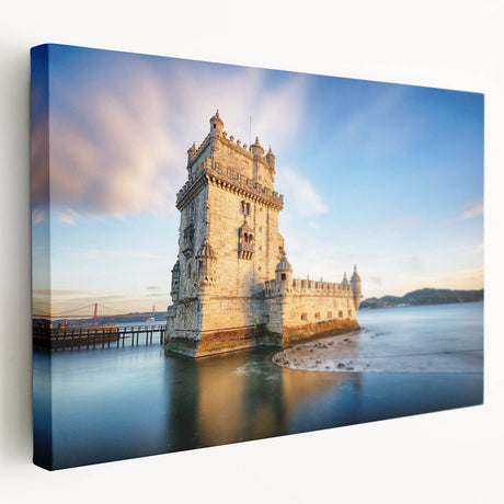 Scenic Lisbon cityscape on large stretched canvas with vivid blue and white tones, ideal for kitchen wall art.
