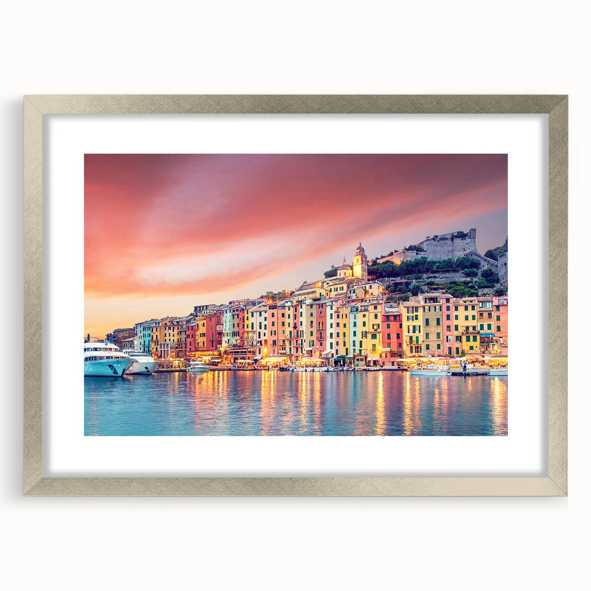 Extra large abstract art print of Porto scenery in muted earth tones, framed in silver, ideal for living room decor.