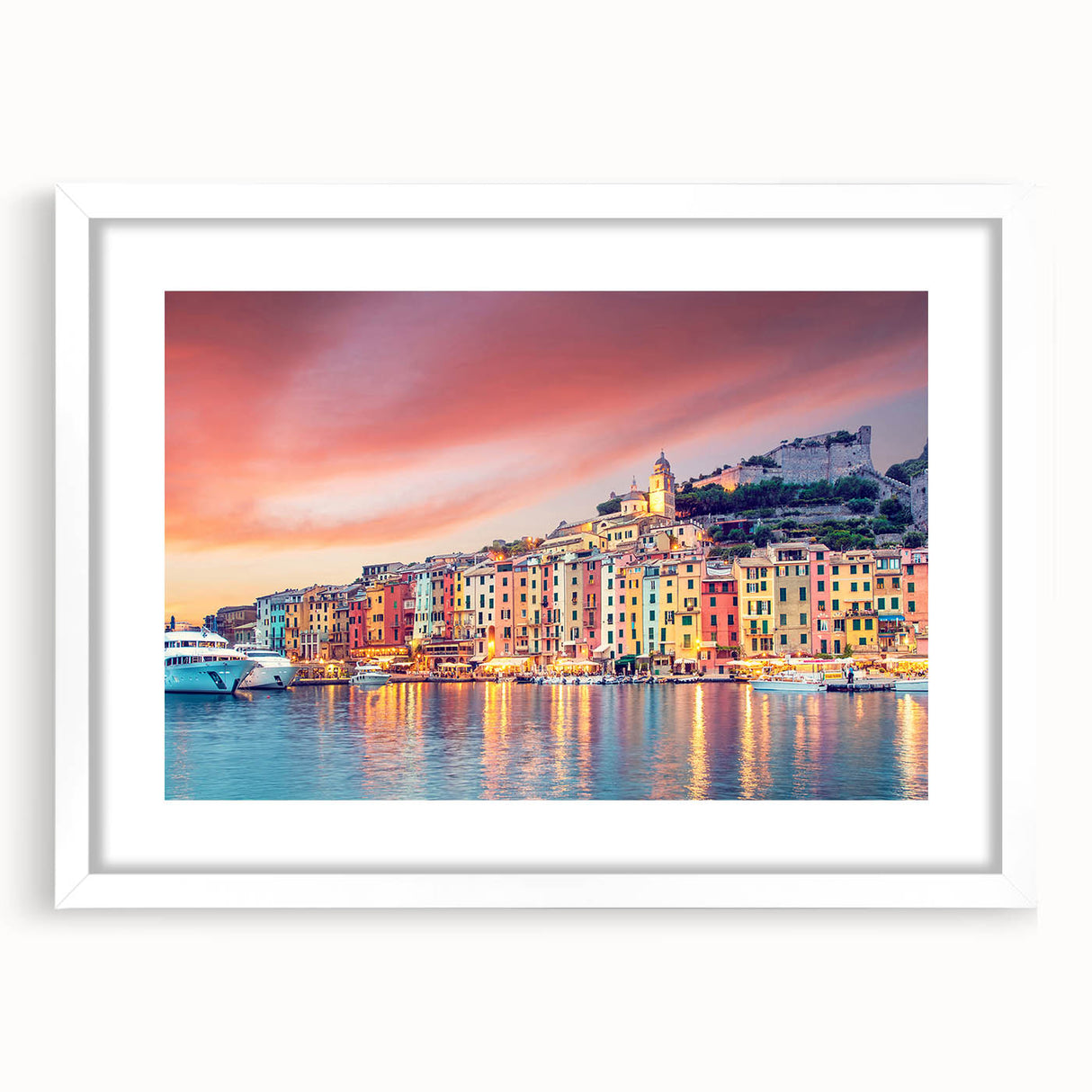 Textured abstract art print of Porto scenery in muted earth tones, framed with a white mat, suitable for bedroom decor.