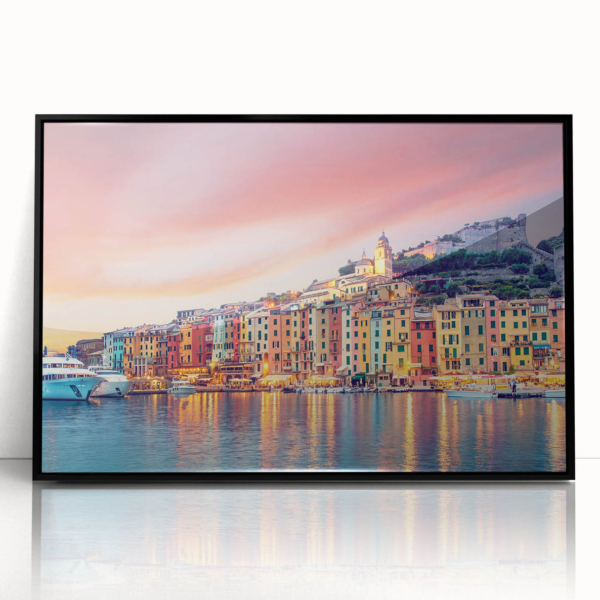 Large abstract wall art depicting Porto's riverside in muted colors on a framed acrylic, ideal for modern living room decor.