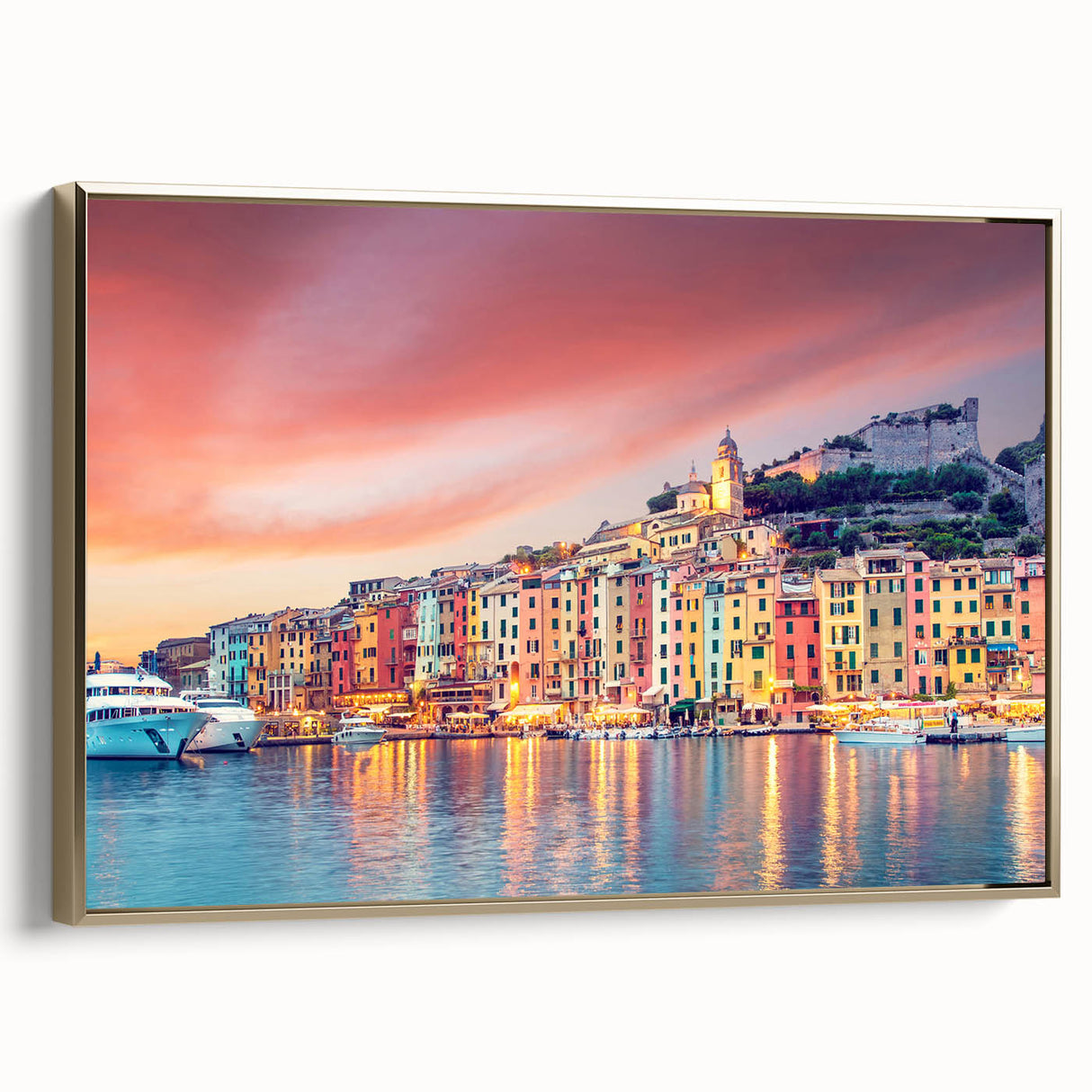 Framed canvas depicting a vintage-style landscape of Porto, Portugal with gold highlights.
