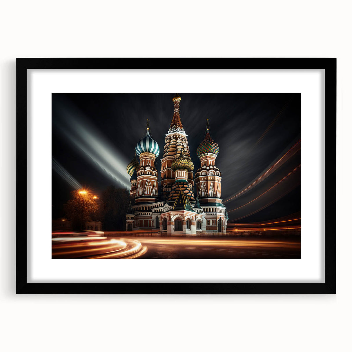 Extra large abstract art print of a colorful, textured Moscow cityscape on a framed black mat, ideal for living room decor.