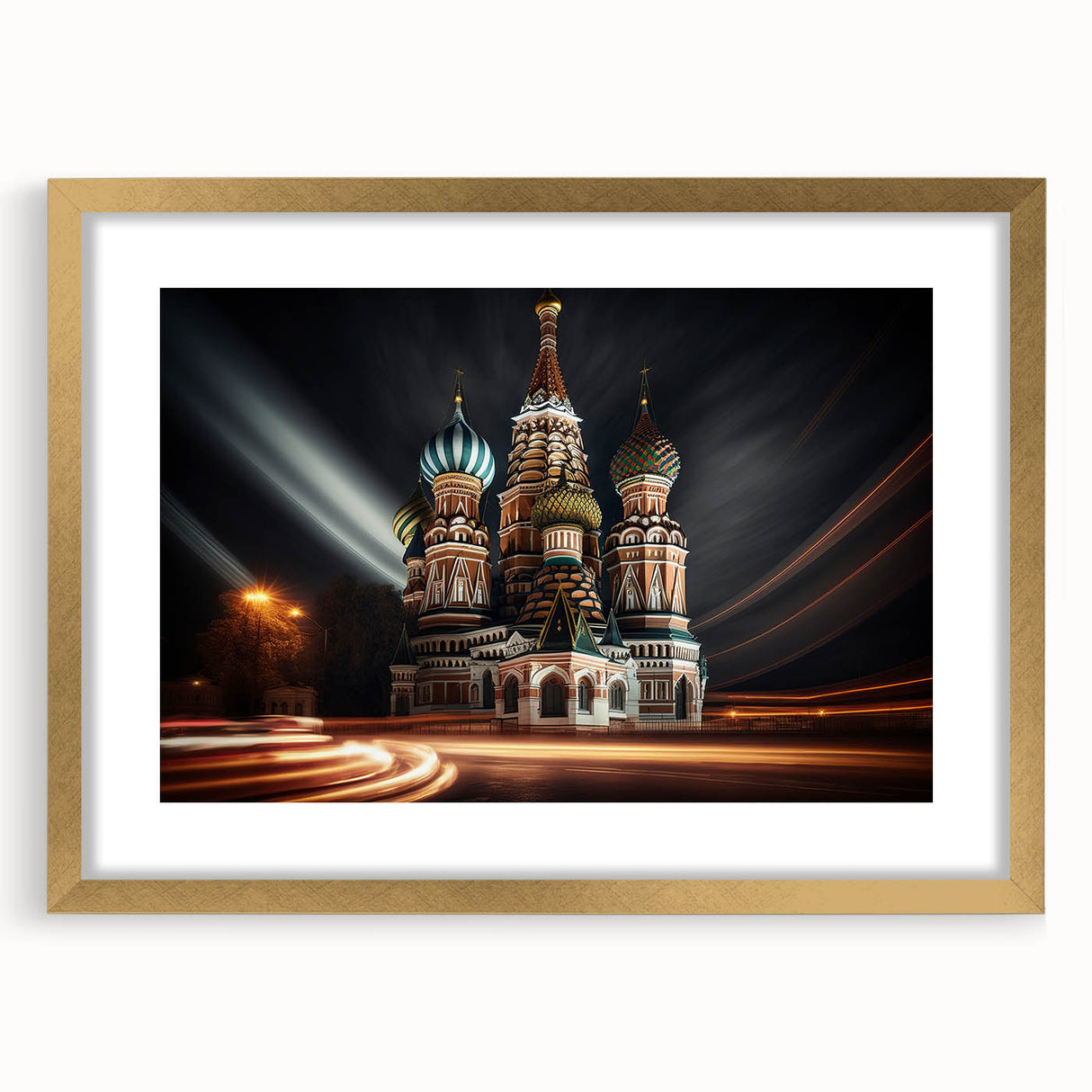 Abstract art print of Moscow skyline in muted gold and blue tones on a framed canvas, suitable for dining room decor.