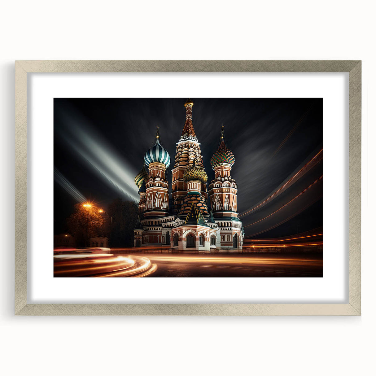 Extra large wall art of abstract Moscow cityscape in textured silver frame, ideal for living room decor.