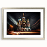 Extra large wall art of abstract Moscow cityscape in textured silver frame, ideal for living room decor.