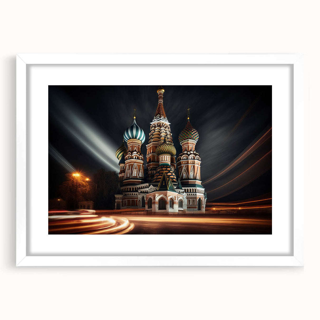 Textured abstract art print of Moscow scenery in muted earth tones on a framed white mat, suitable for bedroom decor.