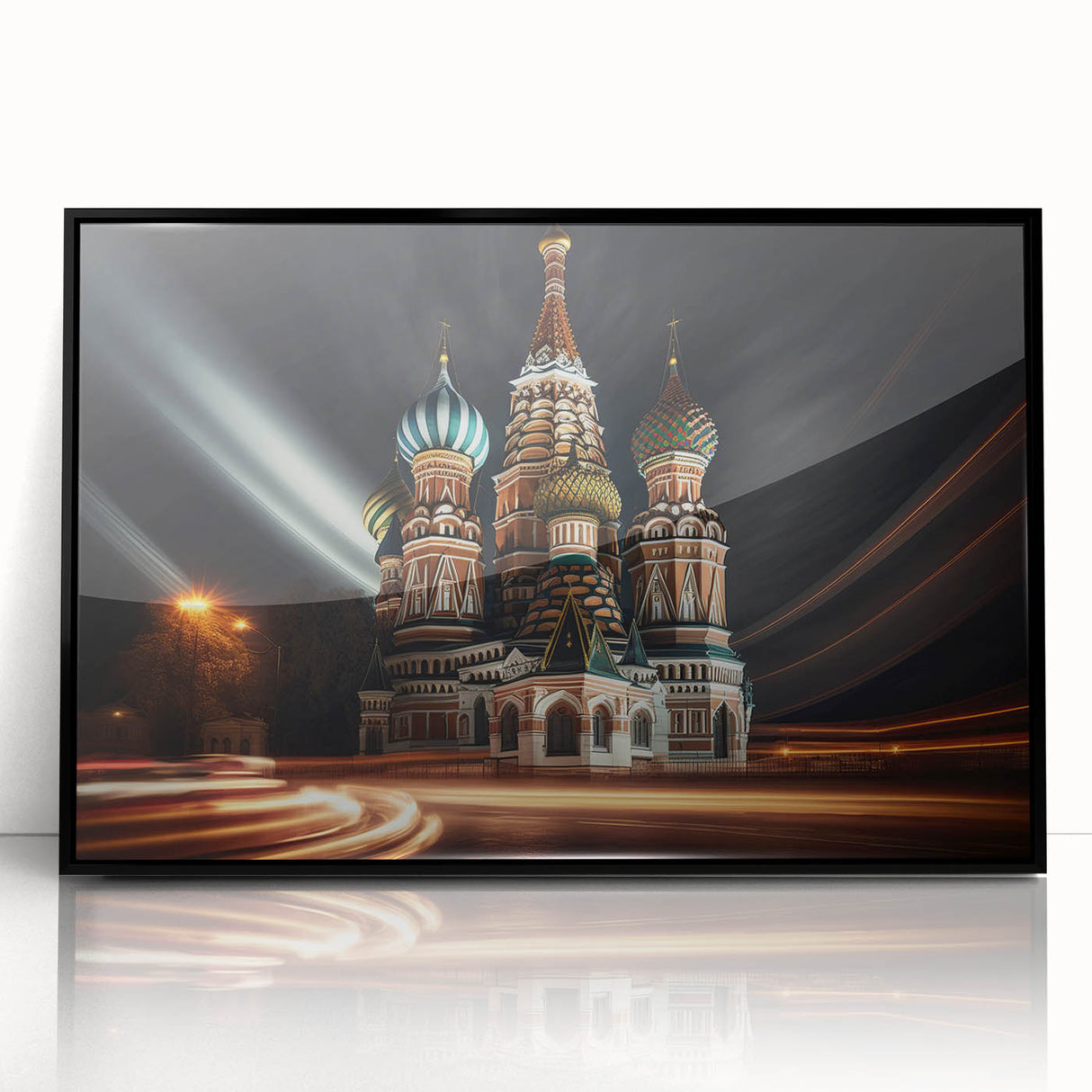 Large abstract wall art depicting the Moscow skyline in muted gray and blue tones, framed in black acrylic.