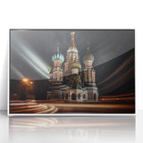 Mid-century modernist art depicting Moscow skyline in muted tones on a framed acrylic, ideal for nursery wall decor.