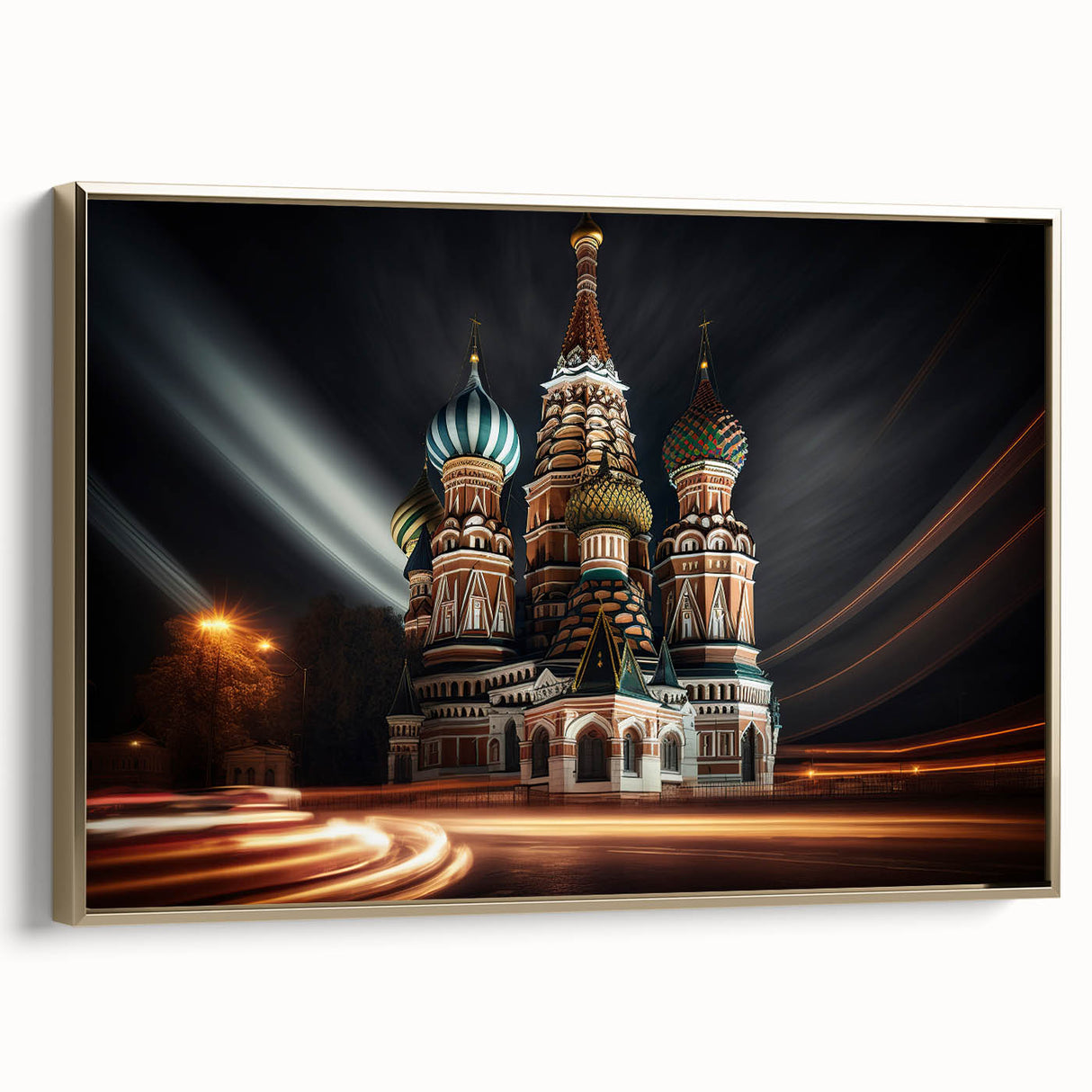 Framed canvas featuring a vintage-style landscape painting of Moscow, with muted gold and black hues.
