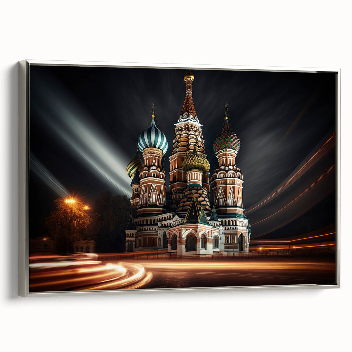 Framed canvas featuring a vintage-style landscape painting of Moscow with colorful and black elements.