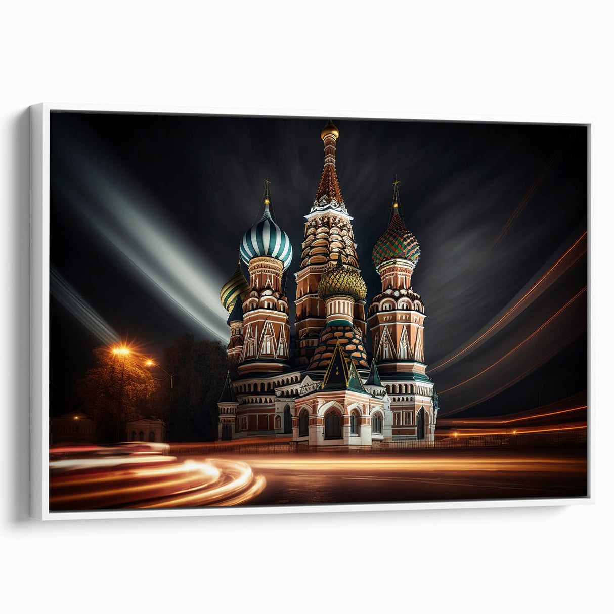 Vintage poster art of Moscow scenery on framed canvas with colorful accents, ideal for living room decor.