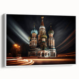 Vintage poster art of Moscow scenery on framed canvas with colorful accents, ideal for living room decor.