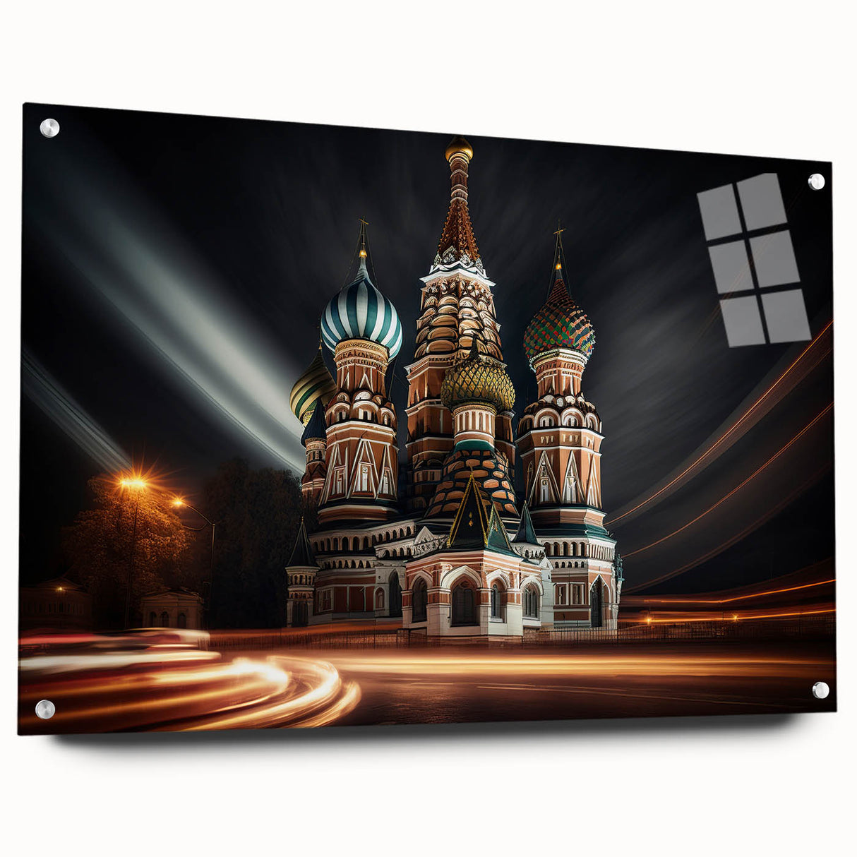 Acrylic print of a Moscow cityscape featuring the Kremlin in muted earth tones, suitable for bedroom or dining room decor.