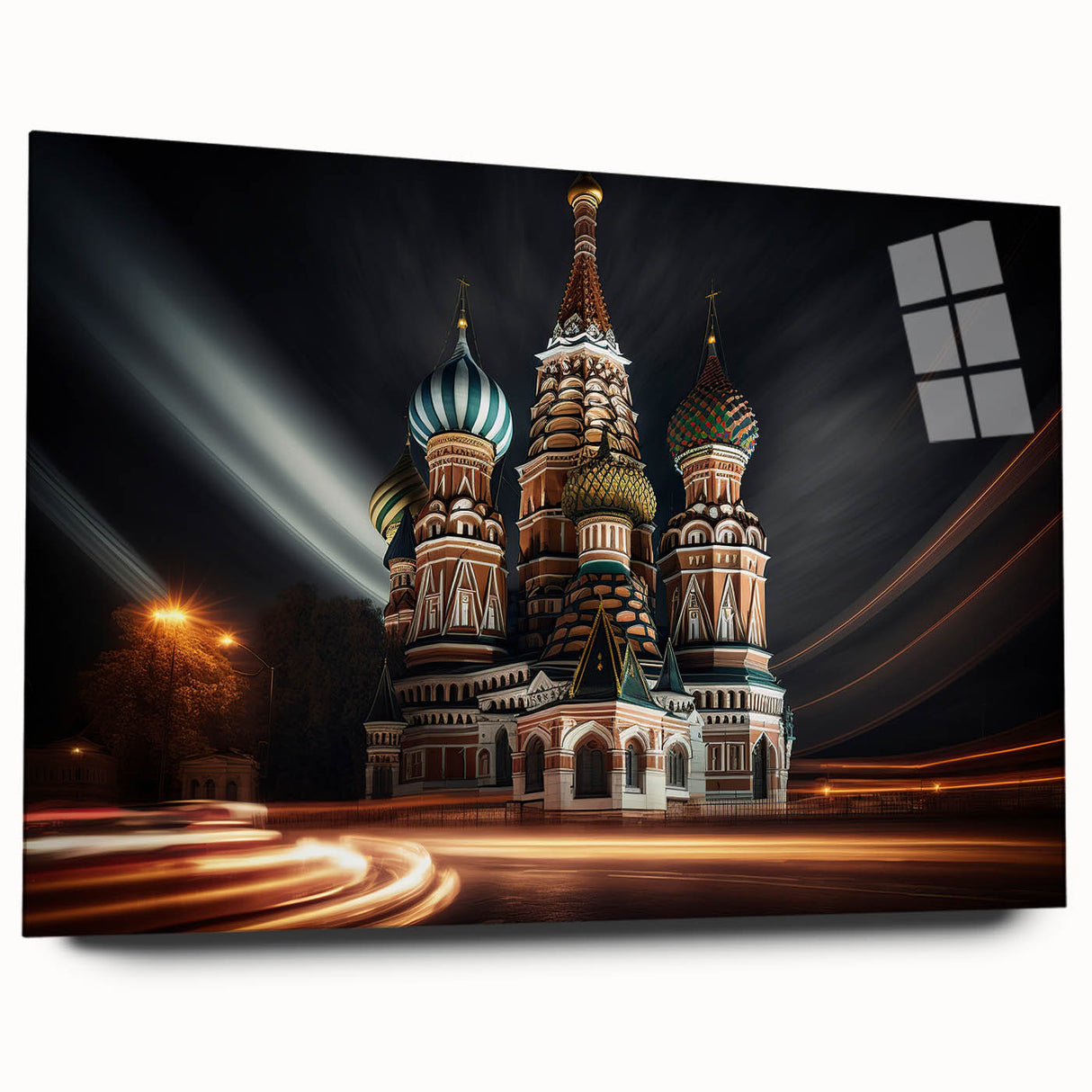 Acrylic print of a large abstract depiction of Moscow skyline in muted gray and blue tones.