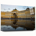 Acrylic print of a European cityscape with muted gray and blue tones, ideal for dining room art.