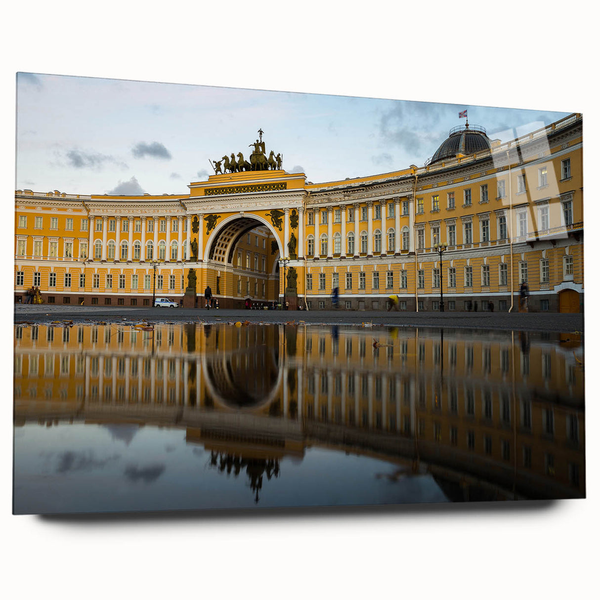 Large abstract wall art of a European cityscape in muted blue and gray tones on acrylic glass.