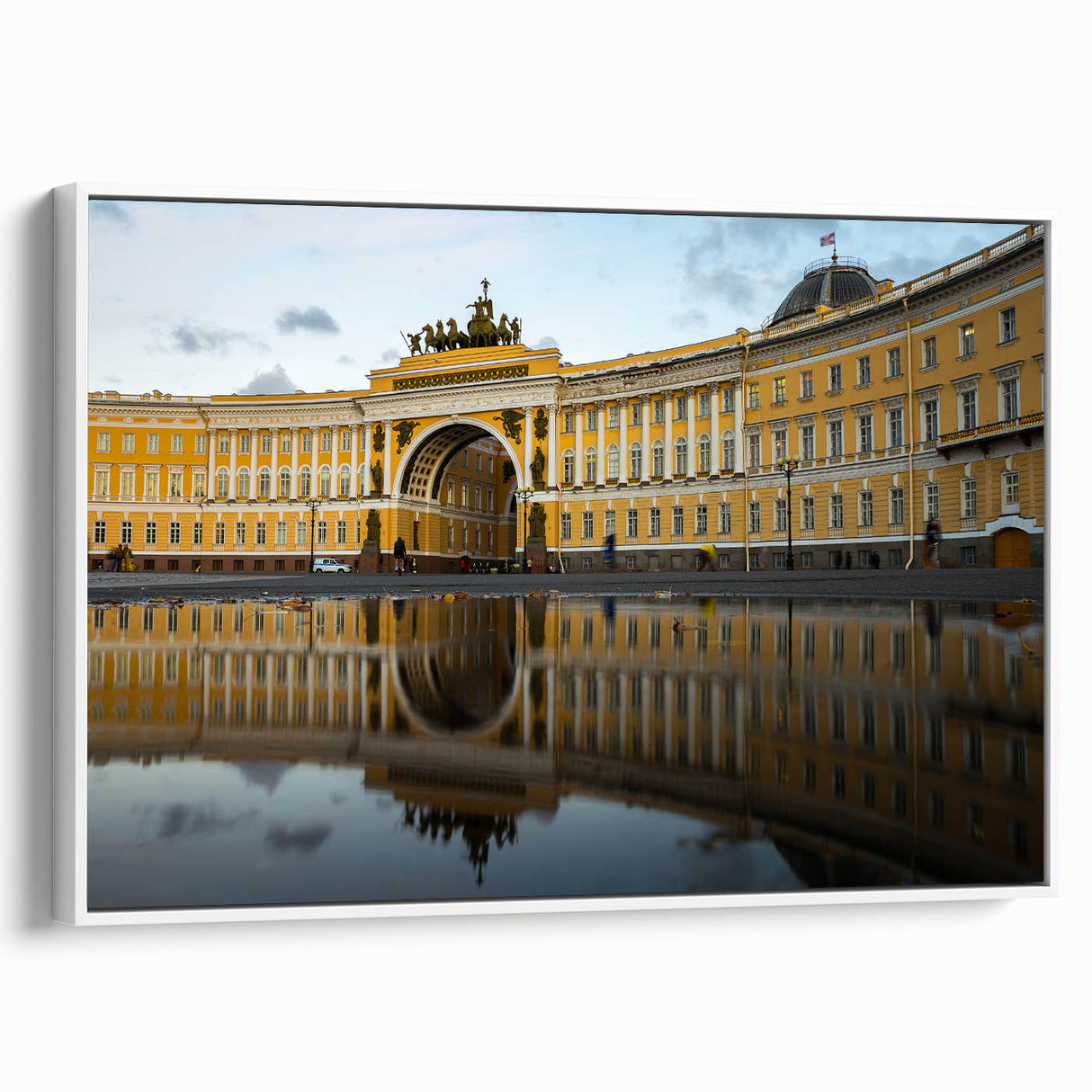 Vintage poster art of a colorful St. Petersburg scene on a large framed canvas, ideal for living room decor.