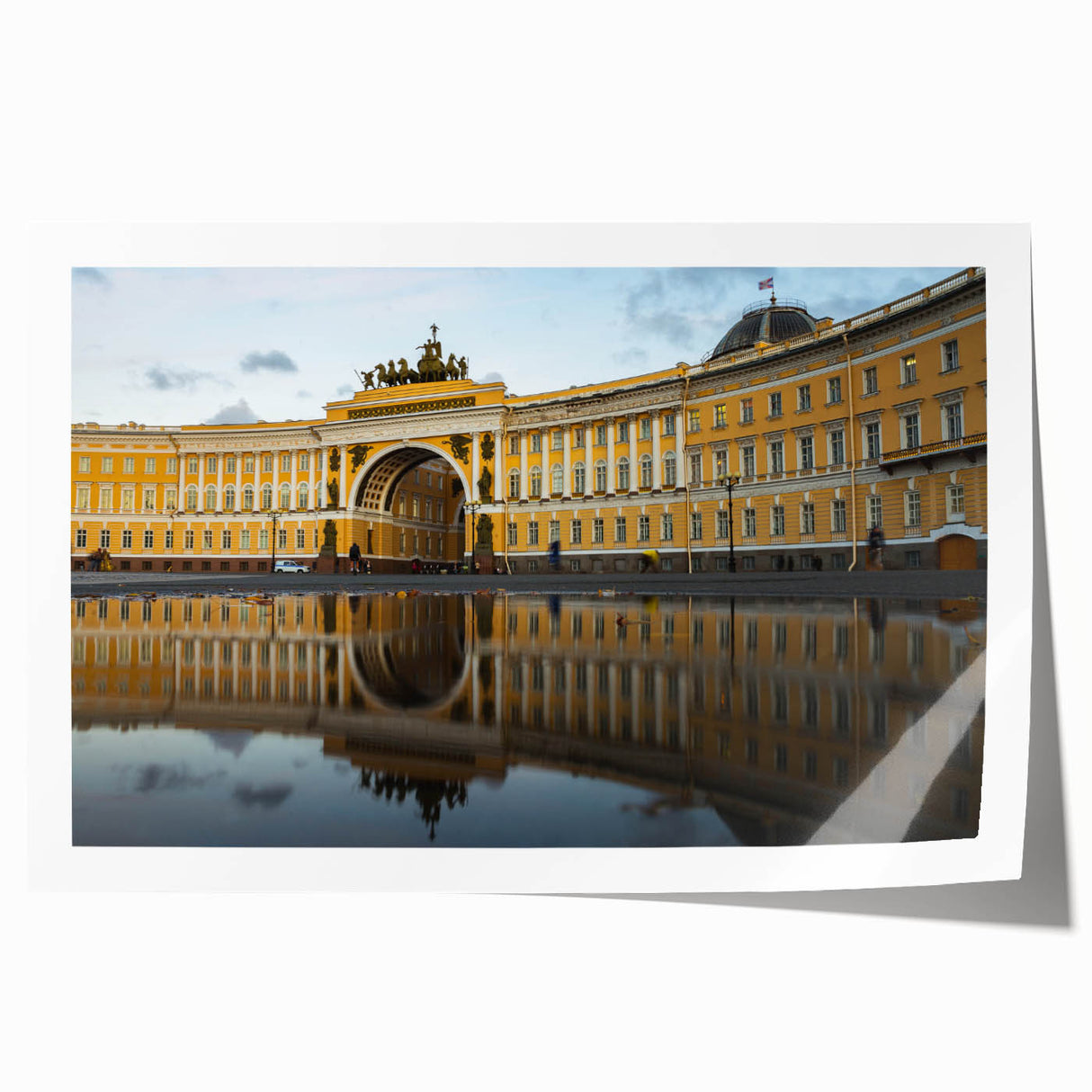 Scenic view of a European cityscape in muted watercolor tones on an extra large rolled canvas.