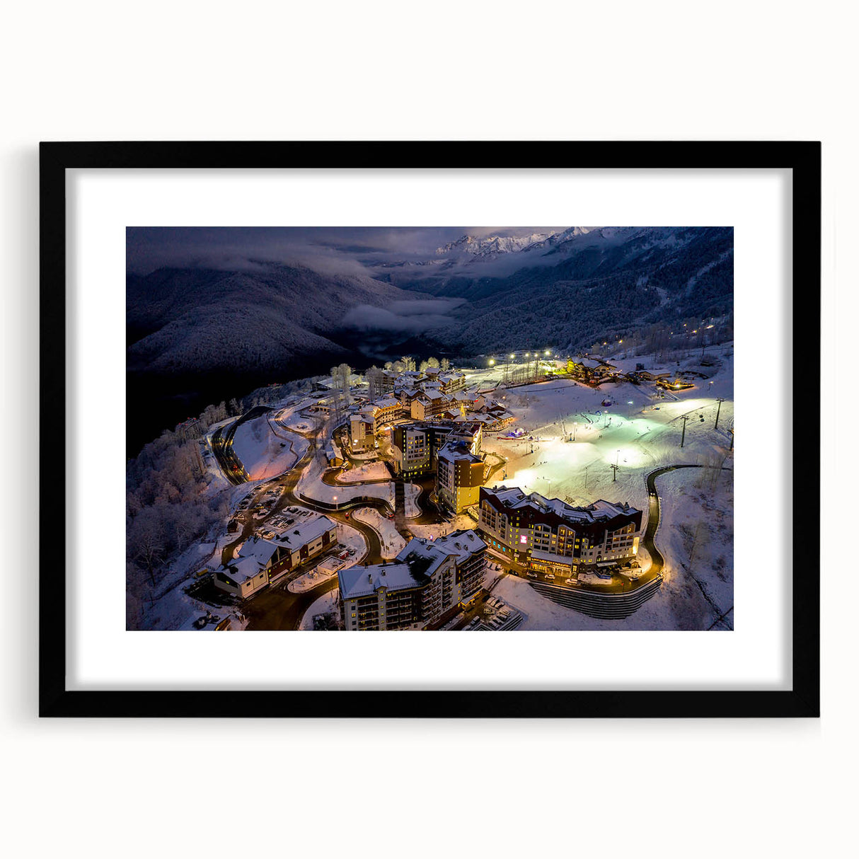 Extra large abstract art print depicting colorful, textured scenery of Sochi, Russia, in a black frame.