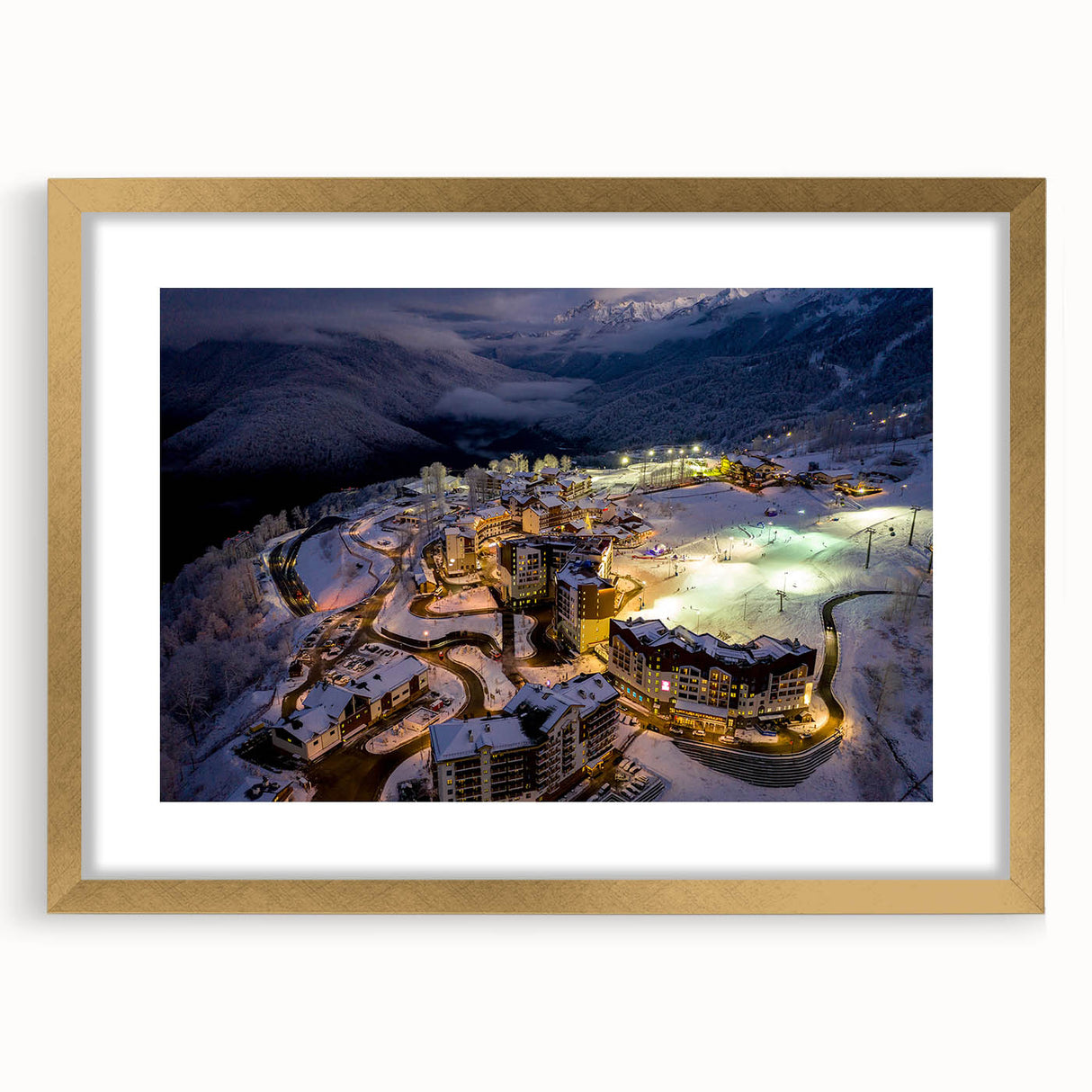 Abstract art print depicting a colorful Sochi landscape on a framed canvas with a gold mat, suitable for dining room decor.