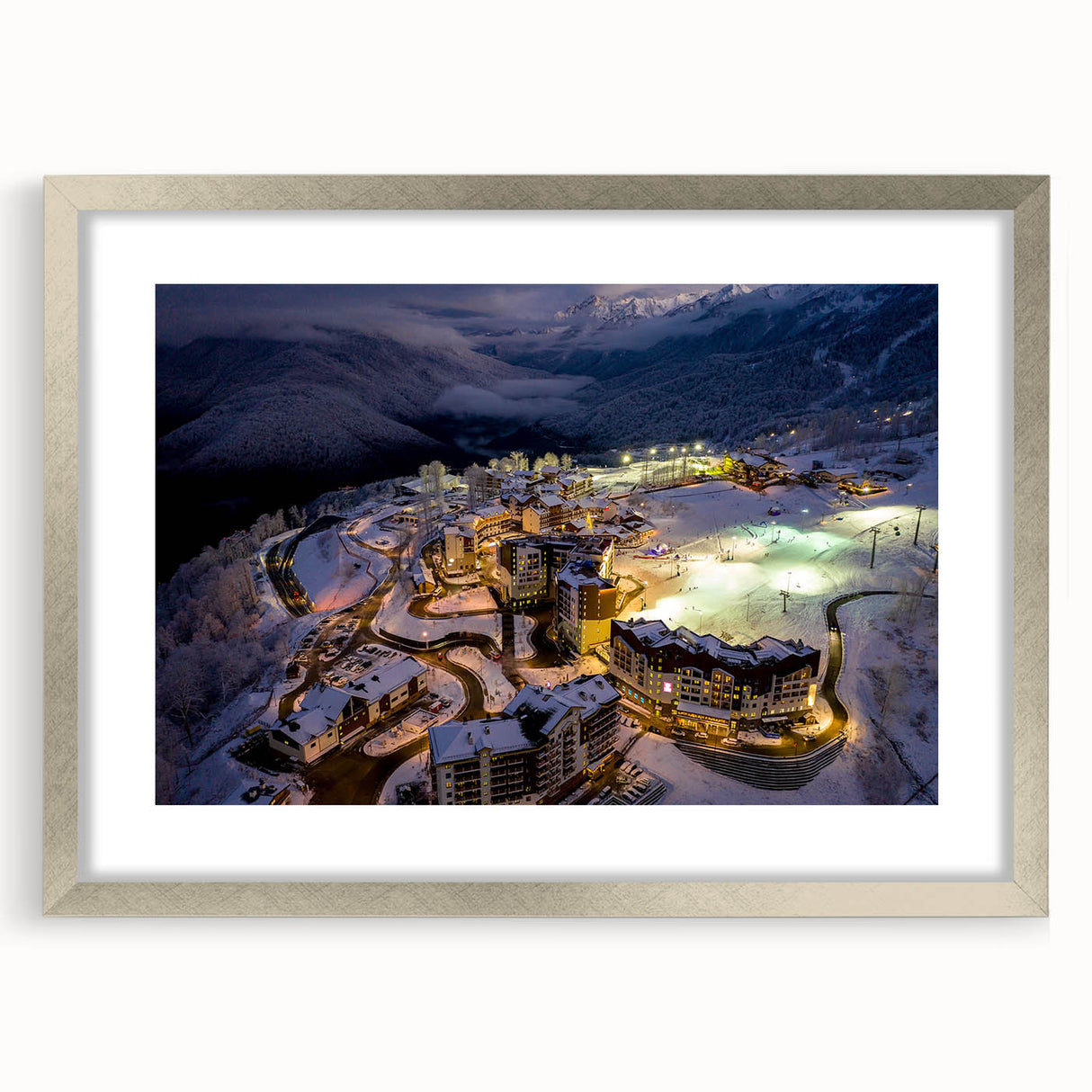Extra large abstract art print of a textured Sochi landscape in muted earth tones, framed in silver.