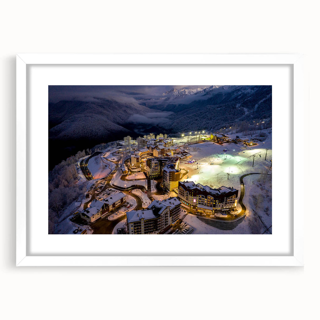 Textured abstract art print of a European scenery in Sochi, featuring muted earth tones on a framed white mat.