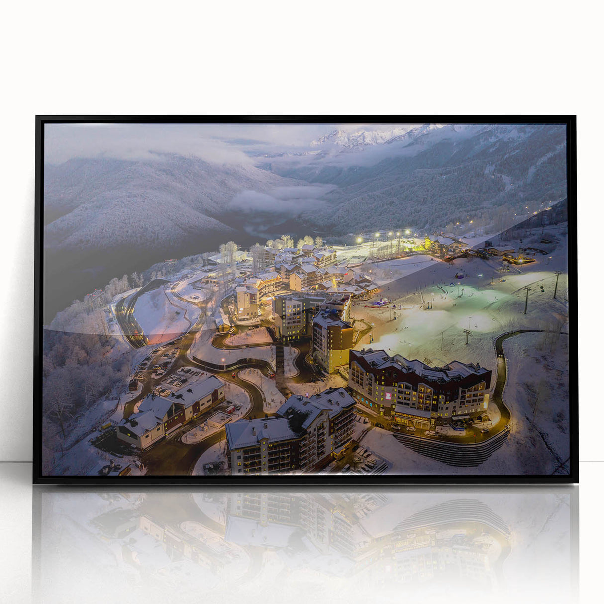 Large abstract wall art depicting a stylized Sochi landscape in muted gray and blue tones on a framed acrylic.
