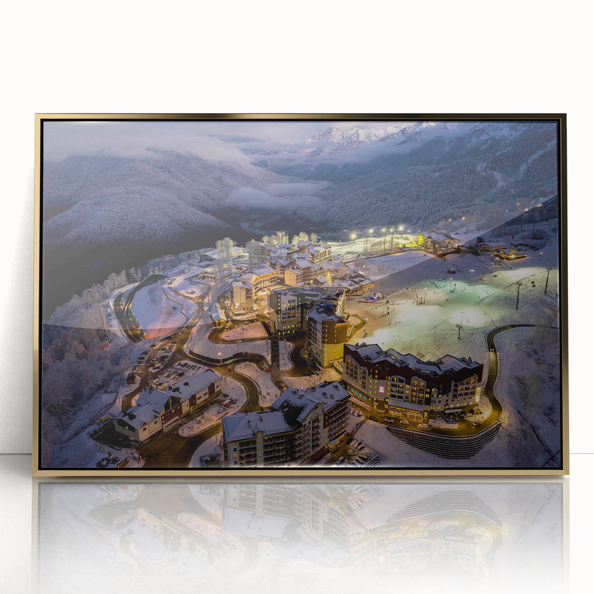 Art deco poster of Sochi landscape in muted gold and blue tones on a framed acrylic, suitable for modern art wall decor.