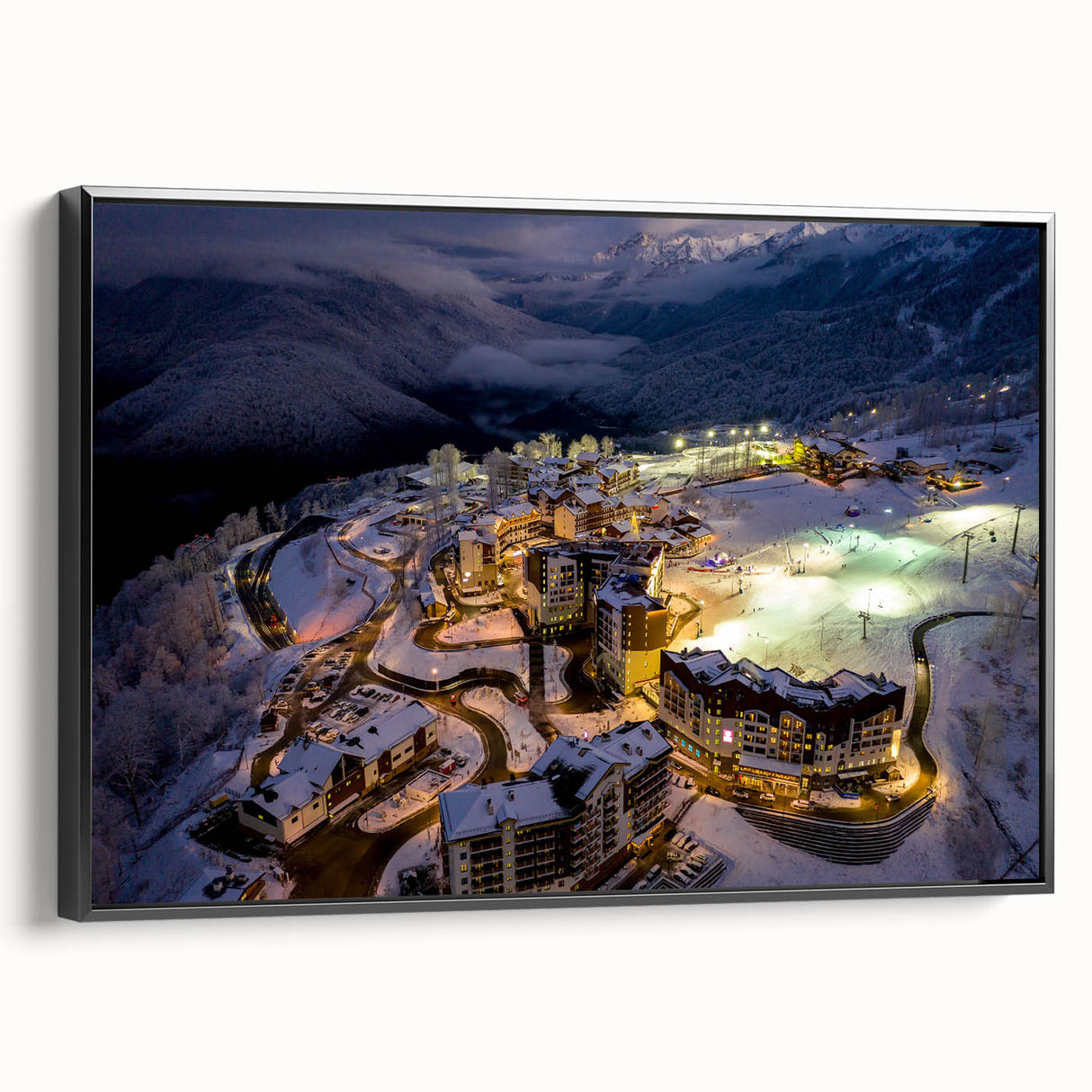 Black and white framed canvas of a vintage Sochi landscape, ideal for bedroom wall art.
