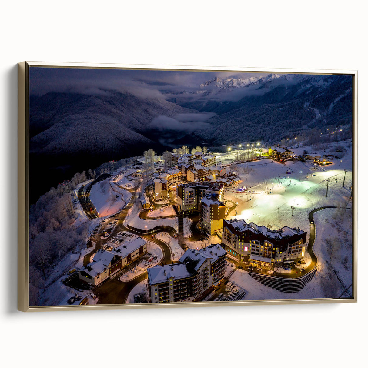 Framed canvas featuring a vintage-style landscape painting of Sochi with muted gold and black tones, ideal for bedroom decor.