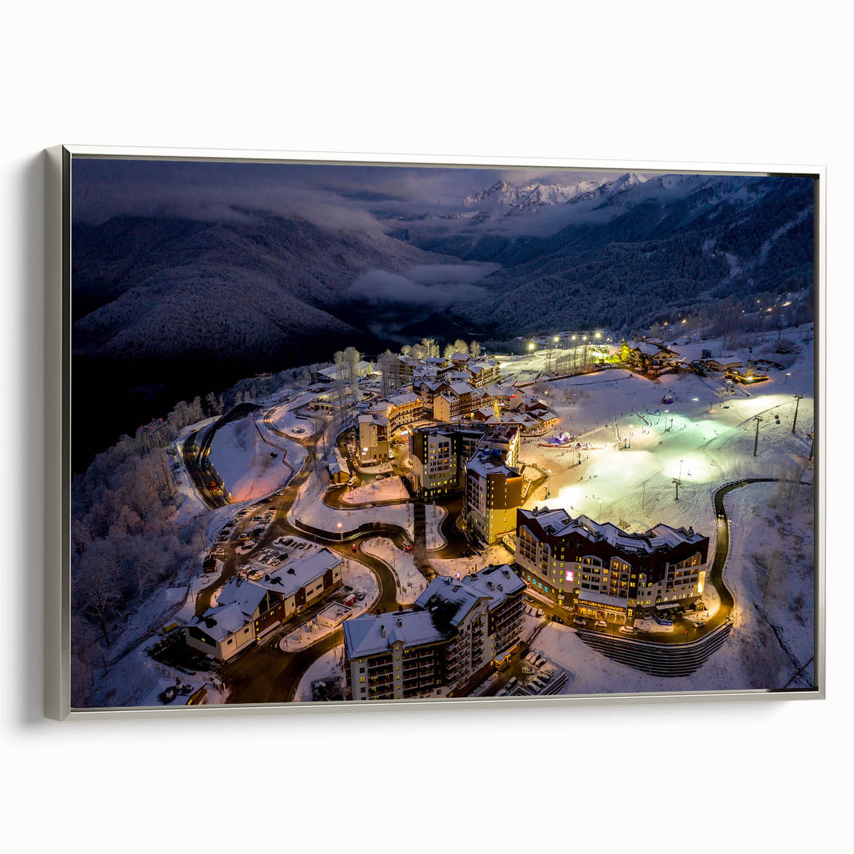 Framed canvas featuring a vintage-style landscape painting of Sochi with vibrant colors and black accents.
