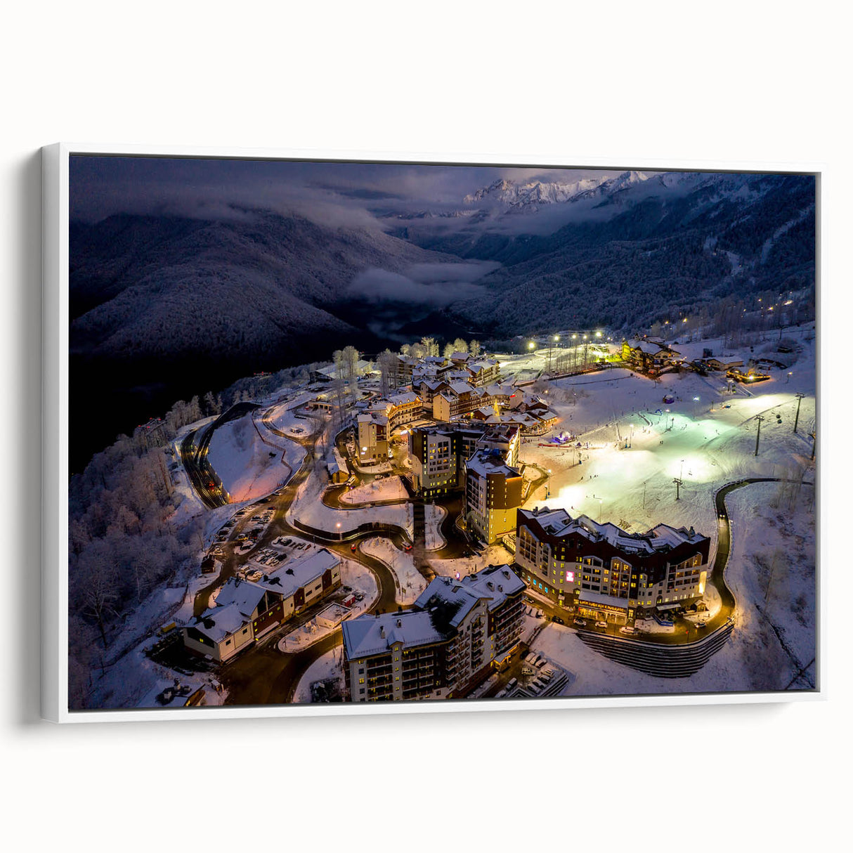 Vintage poster art of Sochi scenery in colorful hues on extra large framed canvas, ideal for living room decor.