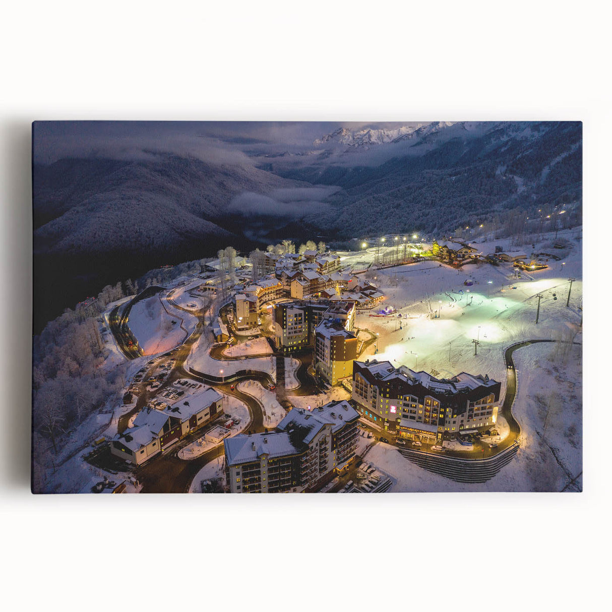 Black and white stretched canvas of Sochi landscape, ideal for kitchen wall art or bedroom ambiance.