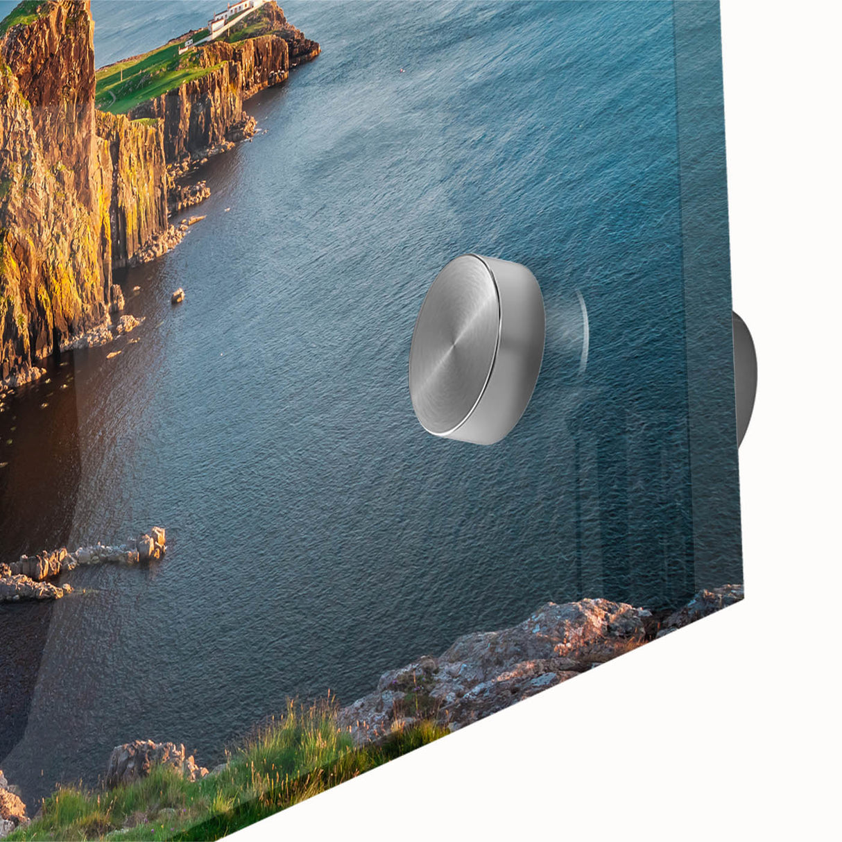 Large abstract wall art depicting a Scottish landscape in muted earth tones on acrylic glass, suitable for dining room decor.