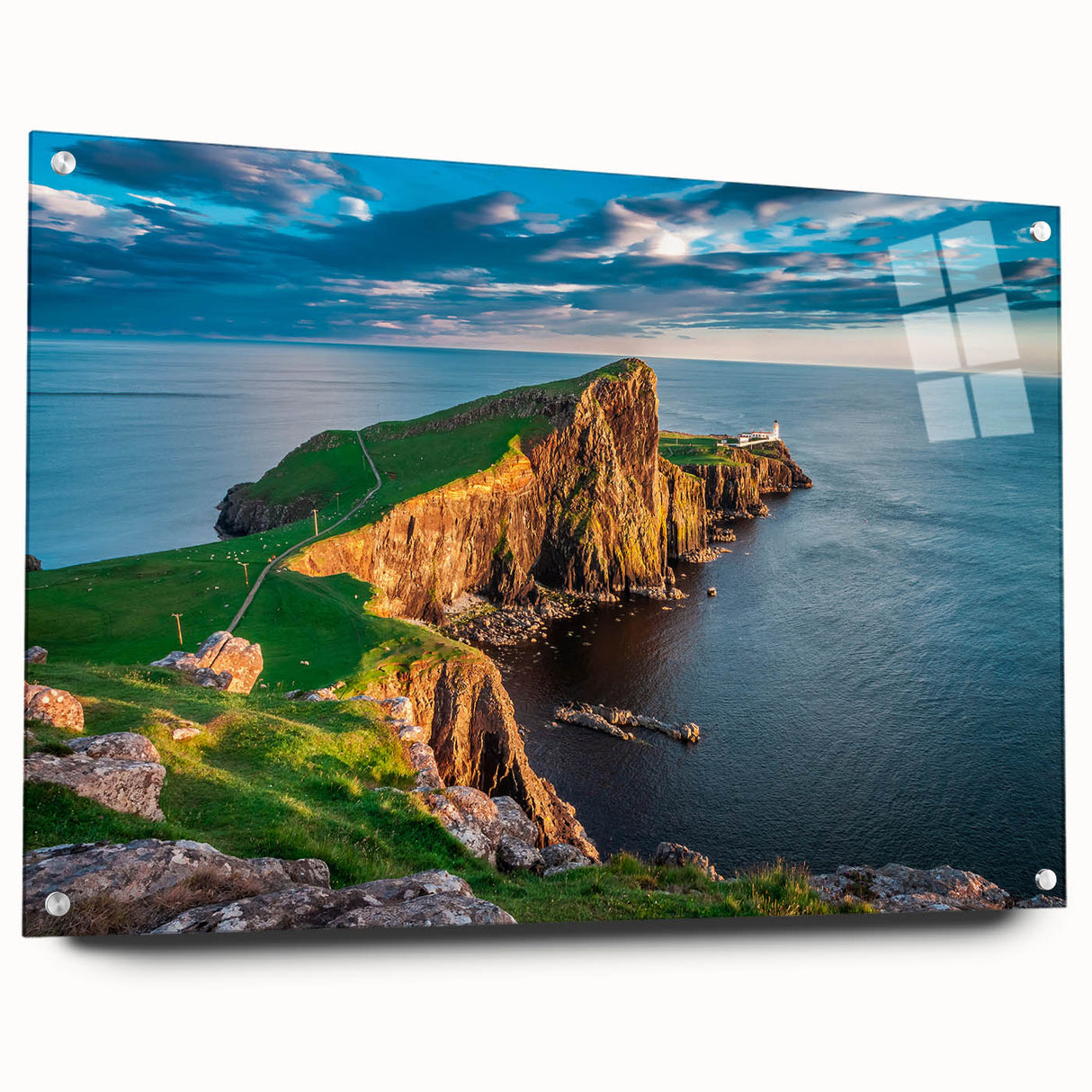 Acrylic print of a Scottish landscape featuring muted green and blue tones, ideal for bedroom or dining room decor.